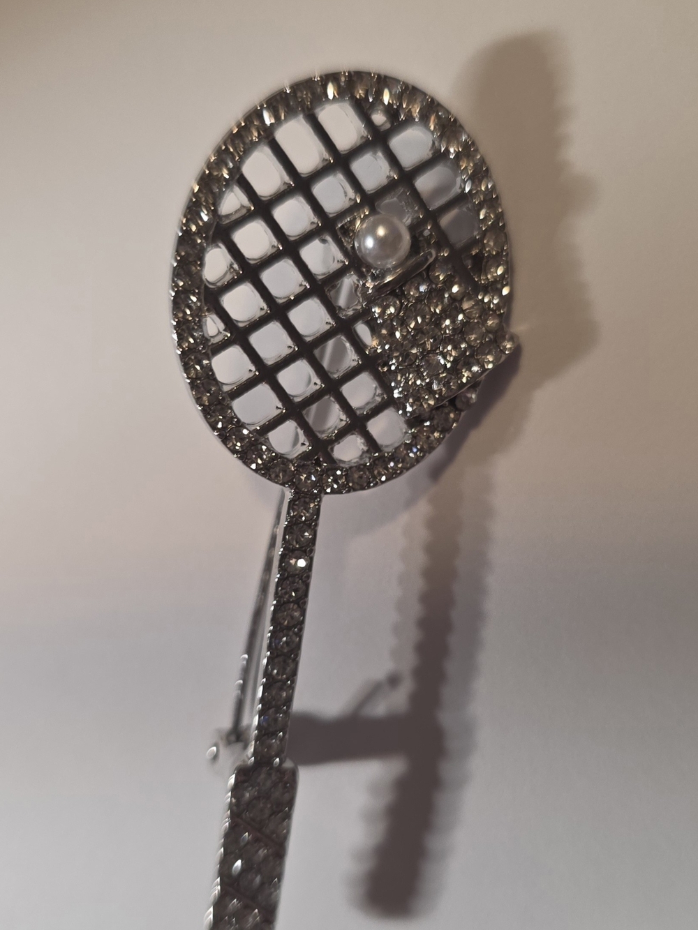 Crystal Tennis Racket Brooch with Pearl Accent - Silver